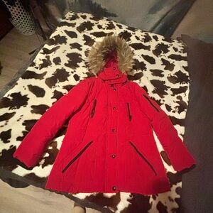 Guess Red Ski Jacket with Faux Fur Hood